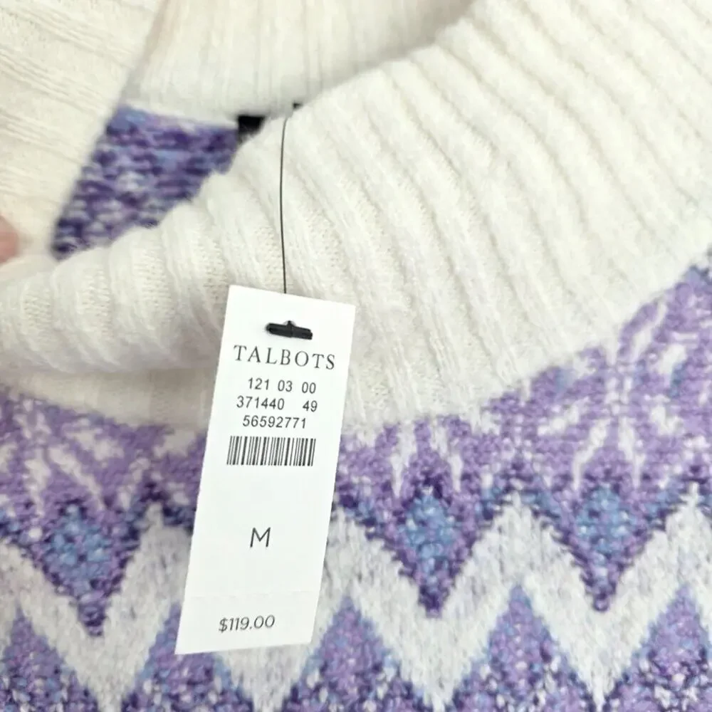 Talbots NWT Wool Blend Lavender Purple Cream White Turtleneck Alpine Sweater